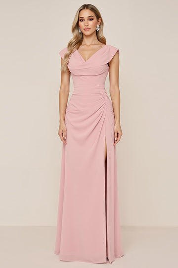 Robe de demoiselle d’honneur longue à col bénitier en mousseline de soie rose bonbon avec fente